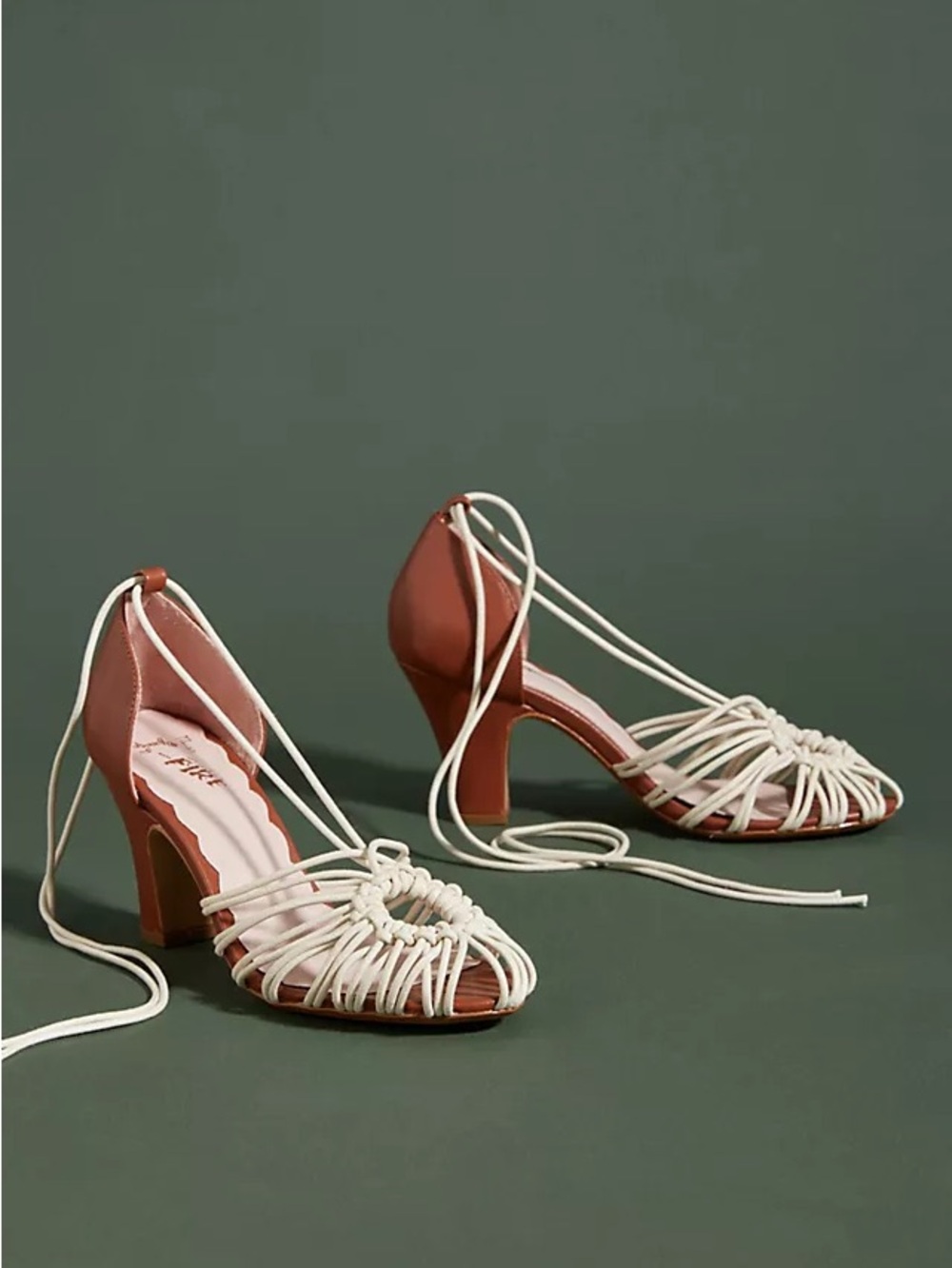Anthropologie Miss L Fire Two-Tone Lace-Up Heeled Sandals in Brown and Cream